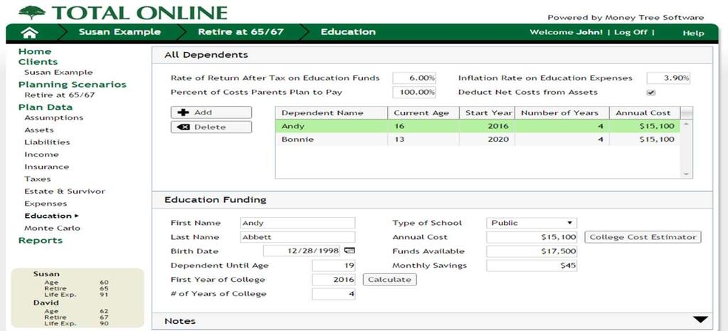 Education Set the [First Year of College] and [# of Years of College]. Click [Calculate] to set the 1 st year as the year the child reaches 18.