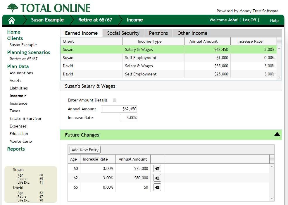 Earned Income Future Changes are available throughout plan data, allowing adjustments to be made at any age.