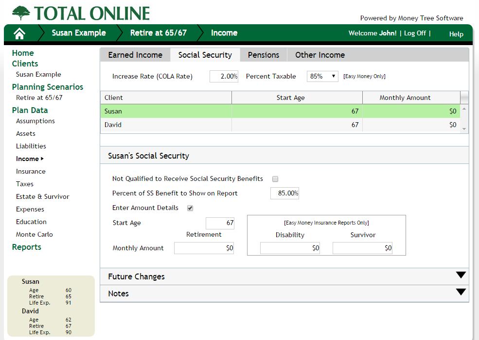Social Security By default the [Enter Amount Details ] box will be unchecked. Checking the box allows different benefit amounts for the Easy Money insurance reports.