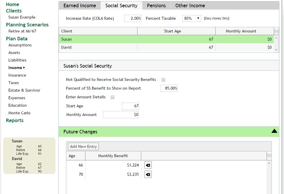 Social Security [Future Changes] can be used to show claiming strategies by manually entering the age and benefit amounts.