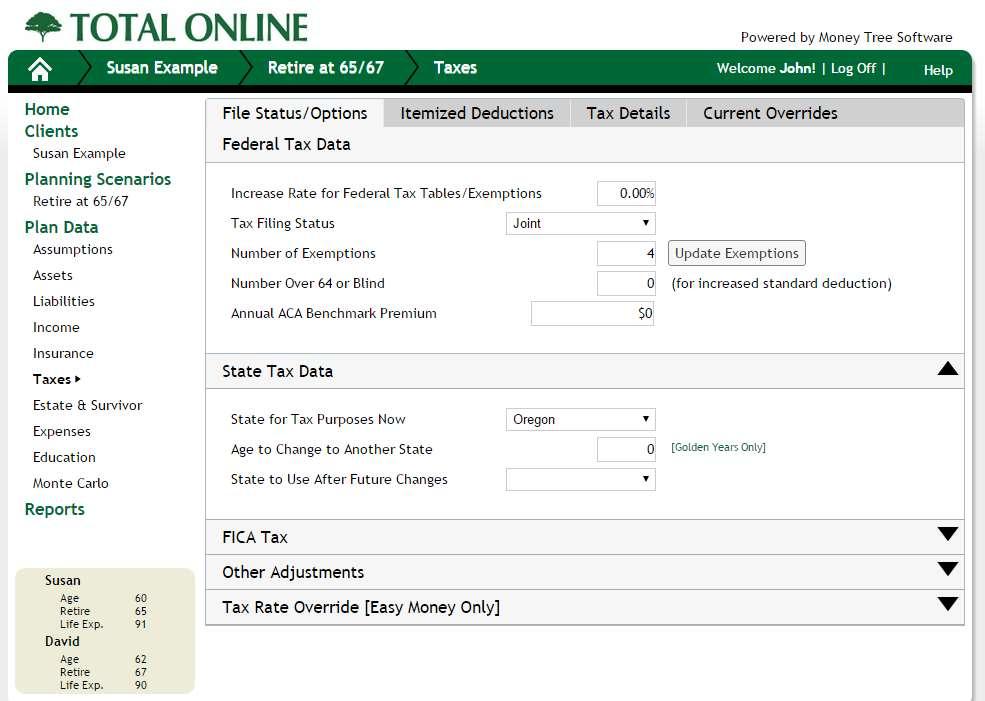 File Status / Options Set the [State for Tax Purposes Now].