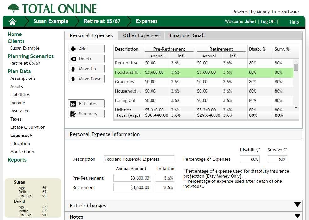 Personal Expenses Use [Fill Rates] to quickly change inflation, disability %, or survivor % for all expense items.