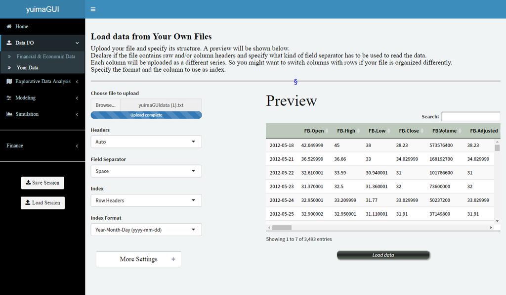 2.2 Your Data In this section you can load data from your local files. Select the file you want to upload and specify its structure. A preview will be shown on the right.