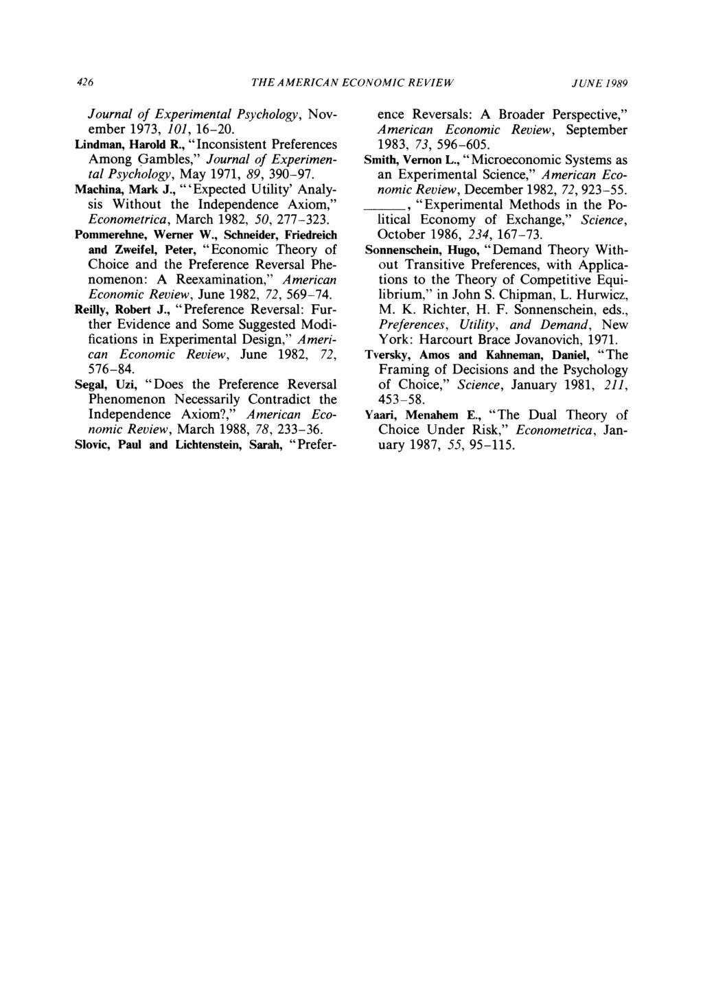 426 THE AMERICAN ECONOMIC RE VIEW JUNE 1989 Journal of Experimental Psychology, November 1973, 101, 16-20. Lindman, Harold R.