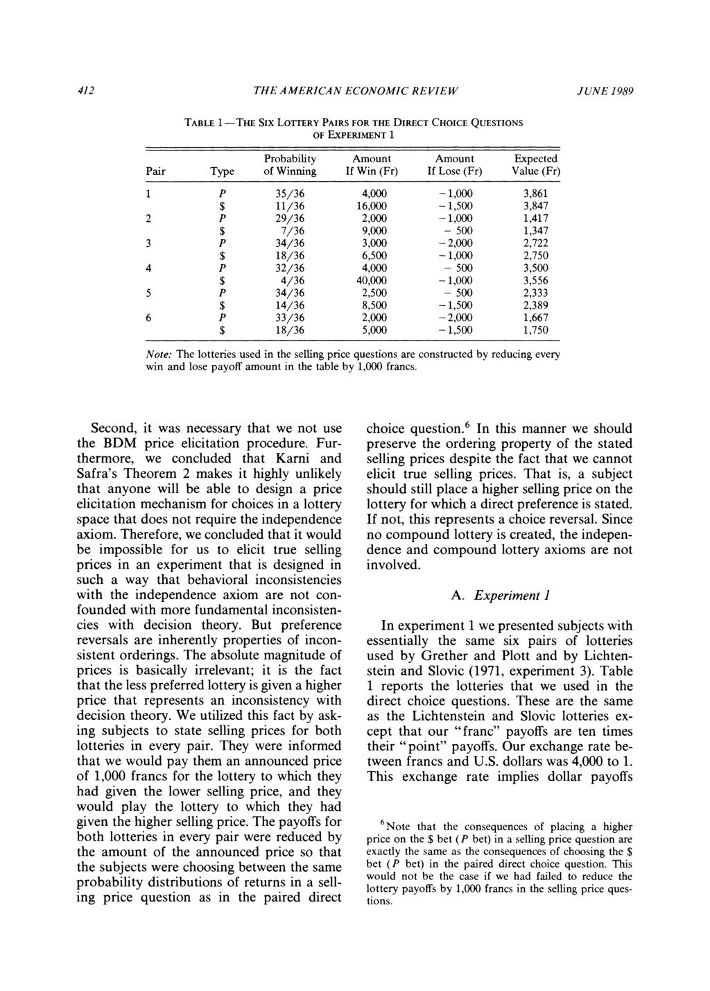 412 THE AMERICAN ECONOMIC REVIEW JUNE 1989 TABLE 1-THE Six LOTTERY PAIRS FOR THE DIRECT CHOICE QUESTIONS OF EXPERIMENT 1 Probability Amount Amount Expected Pair Type of Winning If Win (Fr) If Lose