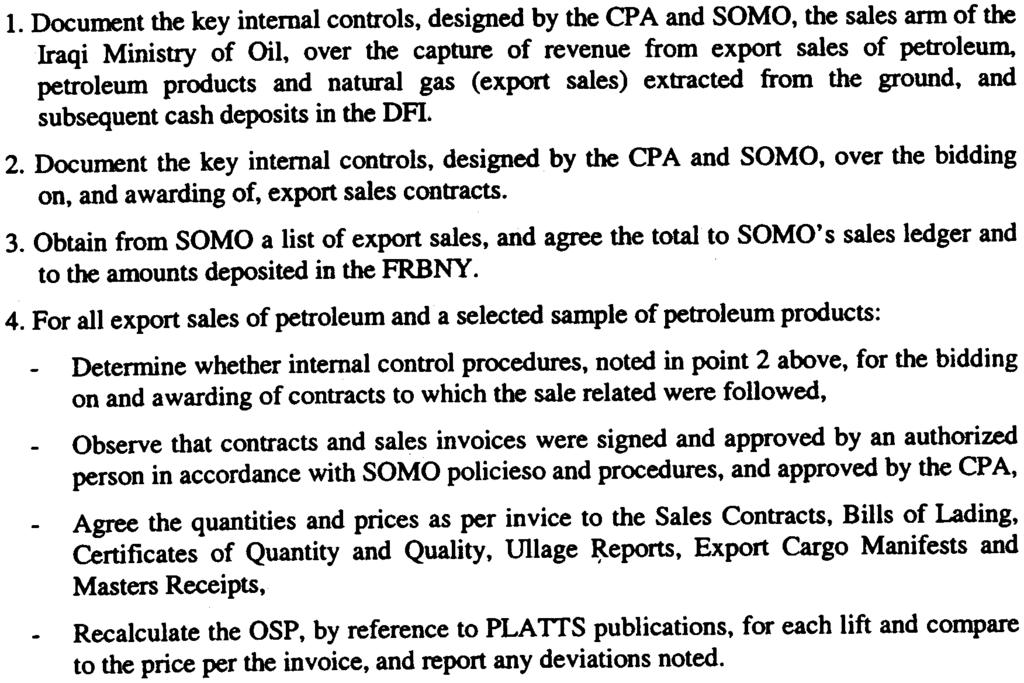 Document the key internal controls, designed by the CPA and SOMa, the sales arm of the Iraqi Ministry of Oil, over the capture of revenue from export sales of petroleum, petroleum products and