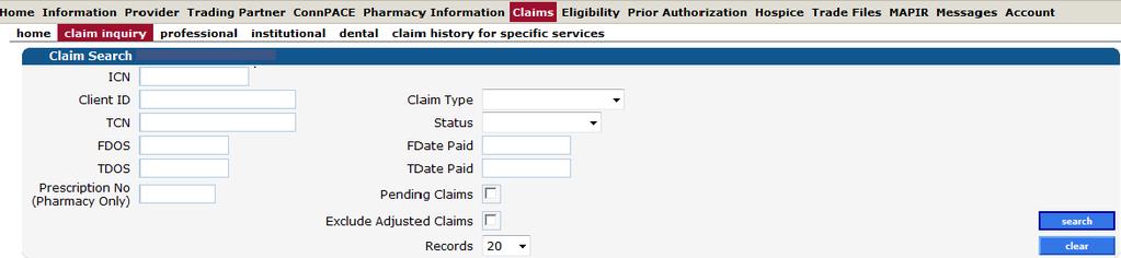 WEB CLAIM INQUIRY To search for claims using the www.ctdssmap.com secure site, click on the claims > claim inquiry tab on the main menu.