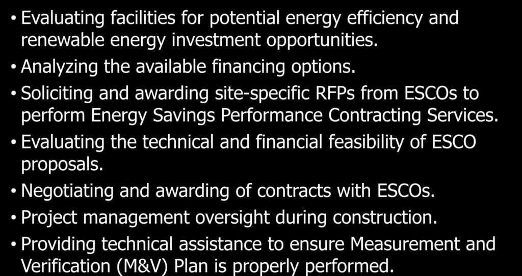 GESP Assistance Evaluating facilities for potential energy efficiency and renewable energy investment opportunities. Analyzing the available financing options.