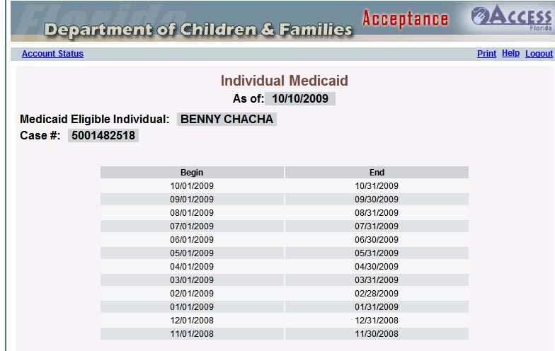 Individual Medicaid This screen displays Medicaid eligibility for the past twelve (12) months from the current month.