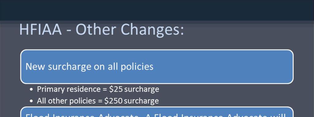 A new surcharge will be added to all policies to offset the subsidized policies and achieve the financial sustainability goals of BW-12. A policy for a primary residence will include a $25 surcharge.