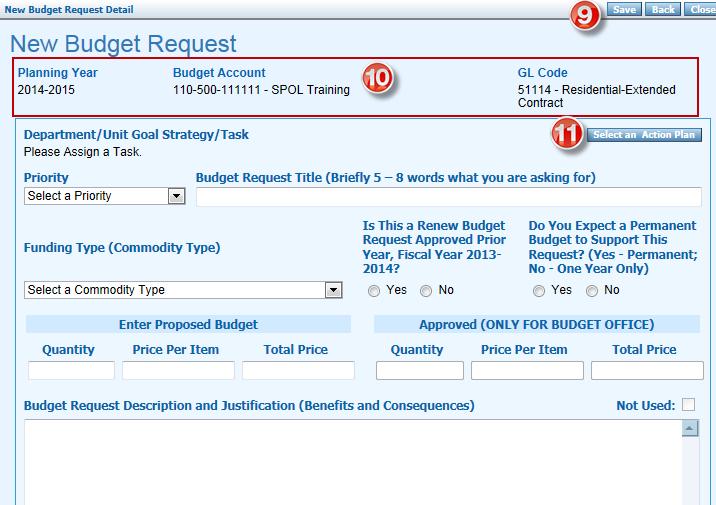 Double-click on the Task title to select a Department Unit Goal/Task. The task will now show on the New Budget Request Form. 15. Select a Budget Priority for the new request; 1.1 1.