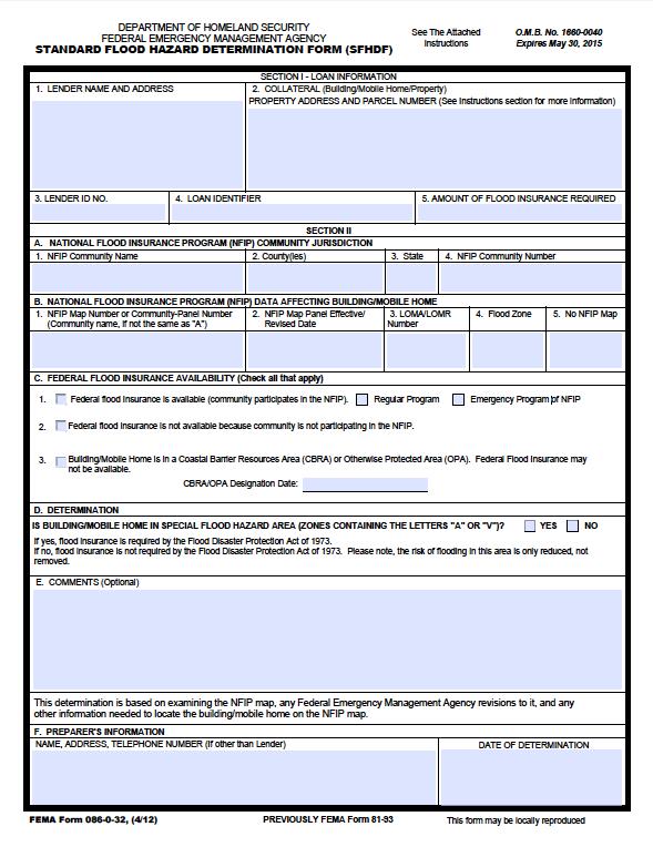 The Basics The Form A bank shall use the standard flood hazard determination form developed by the Director of FEMA when determining whether the building or mobile home offered as collateral security