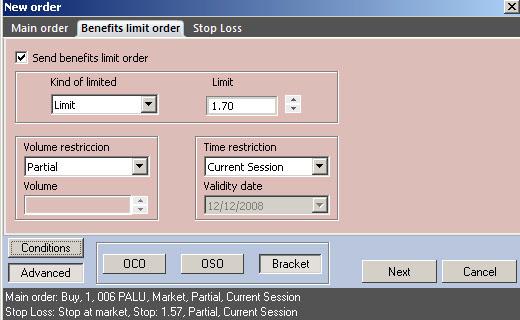 1.4. Sending ADVANCED ORDERS By clicking the button ADVANCED of the dialog box you will find a huge range of possibilities to trade: 1.4.1. LINKED ORDERS (OCO, OSO, and Bracket).