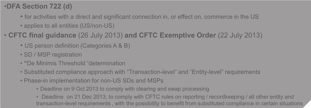 Extra-territoriality / DFA Rules at this stage DFA Section 722 (d) for activities with a direct and significant connection in, or effect on, commerce in the US applies to all entities (US/non-US)