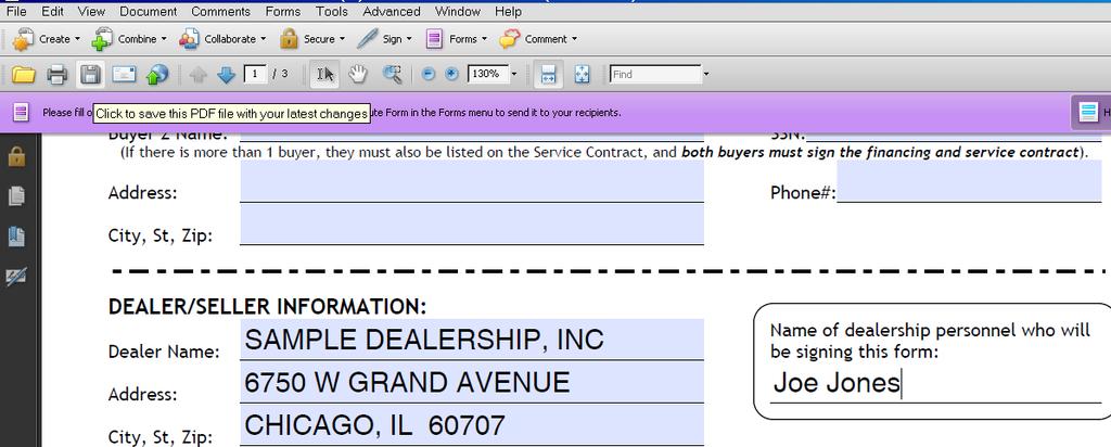 2. Once the forms builder is displayed enter your dealership s name and address as shown below. Then enter your name in the box to the right as shown below.