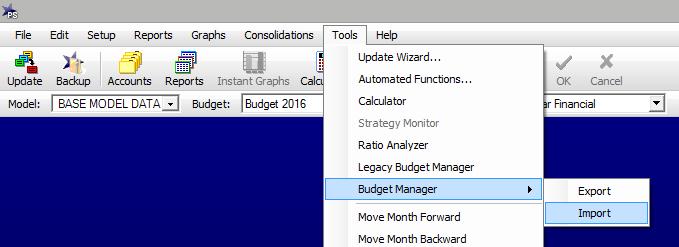 Importing Data Once the budget is completed in Budget Manager, the figures can be imported into a model s projections. Note: Create a backup of the data prior to importing.