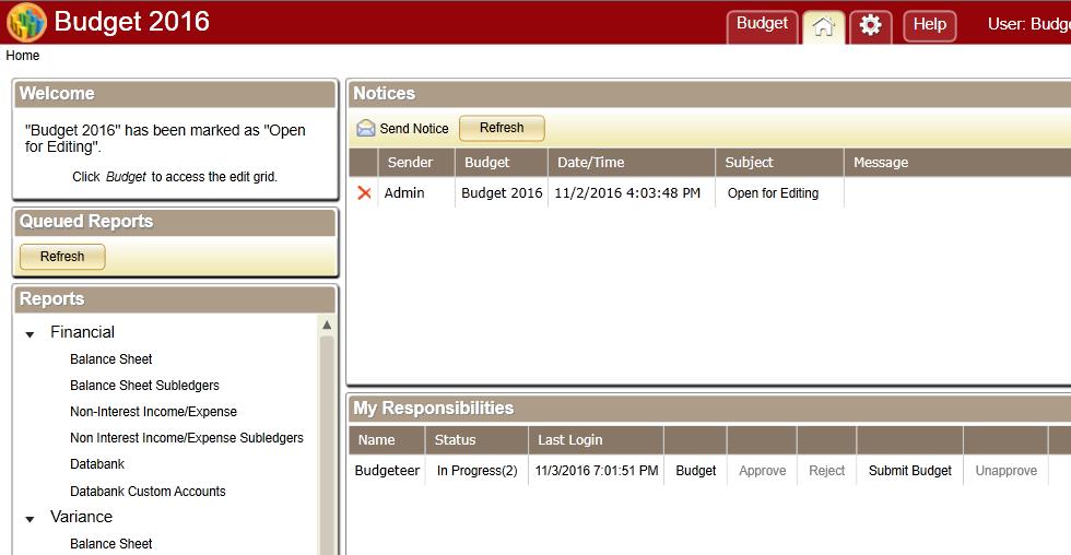 Another way to submit a budget is from the Home tab. Under the My Responsibilities panel, select Submit Budget.