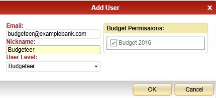 5. Select User Permissions. 6. Click Add New User and input the email, nickname, and user level (Admin, Reviewer, or Budgeteer). The email address becomes the user name.