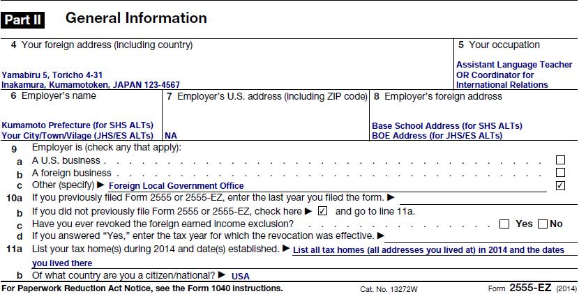 Part II - Fill in your address and employment information; write NA for Employer's U.S. address. Your employer is "other" -- put something like "foreign local government office.