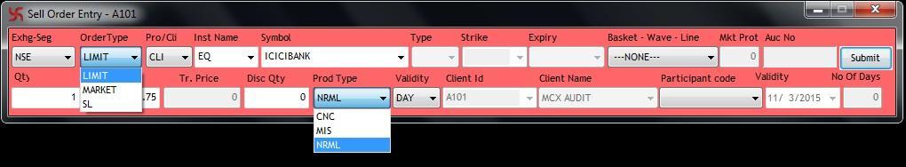 Note:- Select the Order Type from the List (Market, Limit, SL, SL-M) Enter the Qty and Price in the options provided Select the Product Type from the List (MIS, NRML, CNC) Keep the rest of the