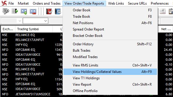 iii. Holdings The shares which are held in the Demat Account can be viewed in the SAMCO Trader by clicking on View Order/Trade Reports and then selecting View Holdings/ Collateral Values.