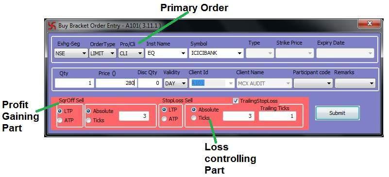 The easiest way is to select the scrip and press the shortcut keys Shift + F3 for Buy Bracket Order Entry & Shift + F3 for Sell Bracket Order Entry.