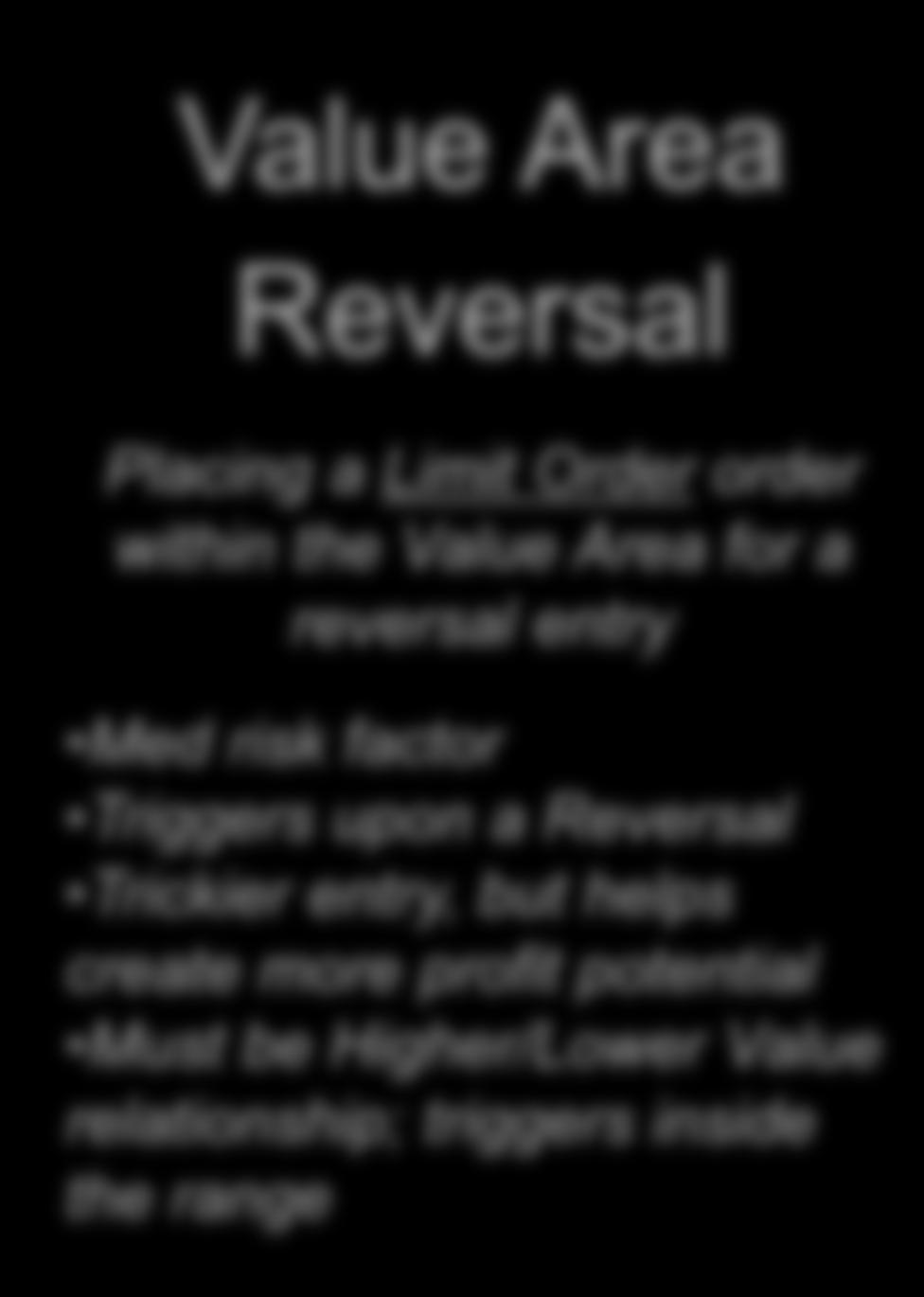 used Value Area Reversal Placing a Limit Order order within the Value Area for a reversal entry Med risk factor Triggers upon a