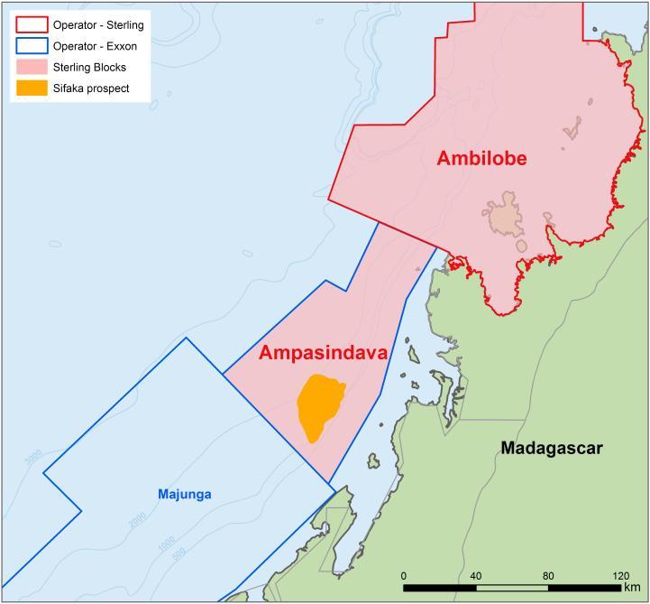 Madagascar Ampasindava Sterling 30%, Exxon 70% and operator Sterling carried by Exxon for ~US$28m future gross costs Large
