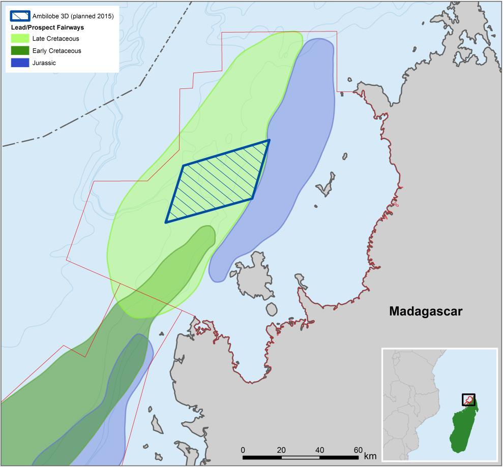 Madagascar Ambilobe Sterling 50% (operator), Pura Vida 50% Large under explored offshore block Area 17,650 km 2, water depths 0-2000m 5,500 km 2D seismic acquired and interpreted Leads in Cretaceous