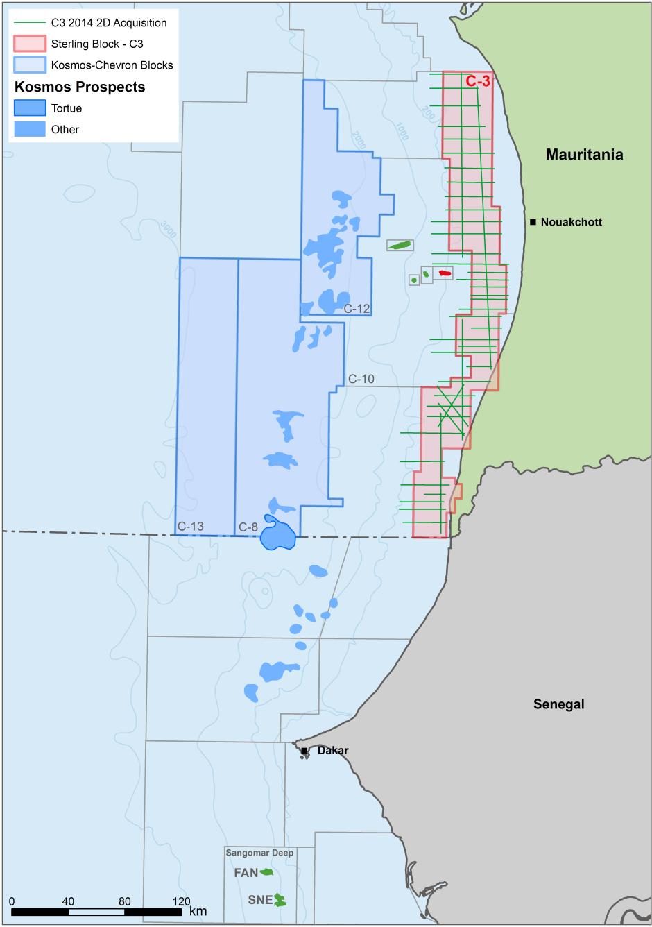 Mauritania Regional Activity Blocks C8, C12 & C13 Recently announced Chevron farmin to Kosmos operated acreage Block C-3 2D data acquired Q4 2014.
