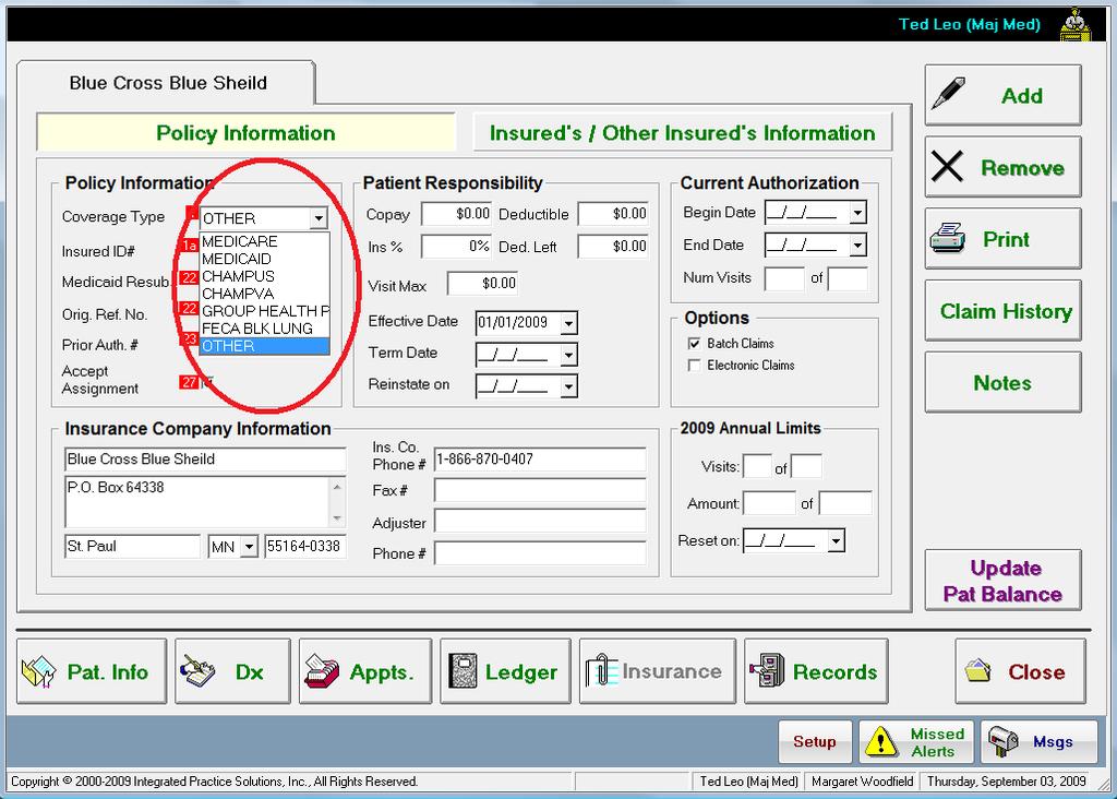 Box 1 Policy Information for HCFA Form Box 1 can be found on the Insurance screen of the ChiroTouch Basic application. 1. From the Patient Flow screen, click [Pat Mgmt]. 2.