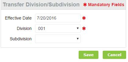 This will open a screen with the Effective Date, Division and Subdivision fields enabled. Enter the Effective Date of the change. Select the new Division for the Certificate from the drop down box.