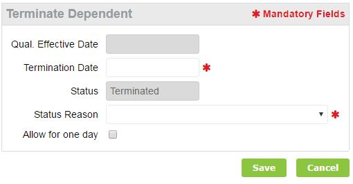 Select the Terminate Dependent link found in the Task Center. The Terminate Dependent screen will open with the Termination Date and Status Reason fields enabled.