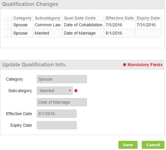 Select the Married from the Subcategory drop down box. Select the Save button. This will save the information entered.