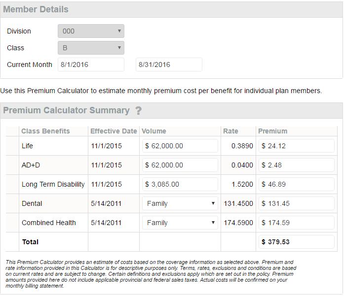 This example shows the new premium calculation for increasing Short Term Disability from a volume of $1275 to $1500.