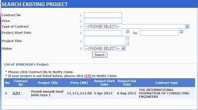 0 NOTIFY CLAIM 1) Go to menu Insurance Claim >> Search Existing Project. Figure 71 7.
