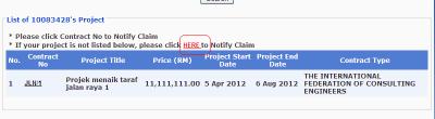 2 Notify Claim Without Cover 1) If your project is not listed in List of Project, click at hyperlink HERE to Notify Claim.