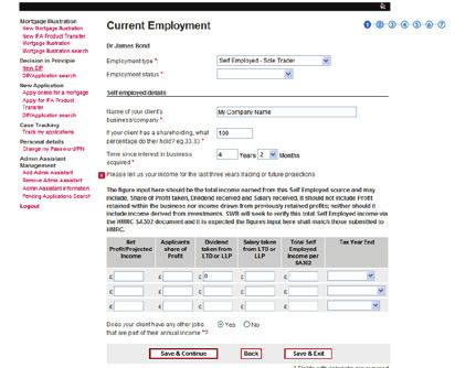 3.4. DIP Stage (self employed applicants) Current Employment details For self employed applicants, the first question on the Current Employment screen is If your client has a shareholding, what
