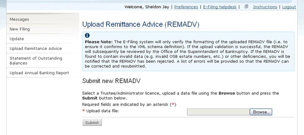 3. Click Browse to select the REMADV file you want to e-file and then click Submit.
