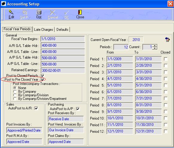 Click OK to proceed to exit the Pentagon 2000 Software NOTE: Once a year has been Pre-Closed, transactions can be posted back into it according to the flag in Accounting Setup as shown: CLOSE YEAR