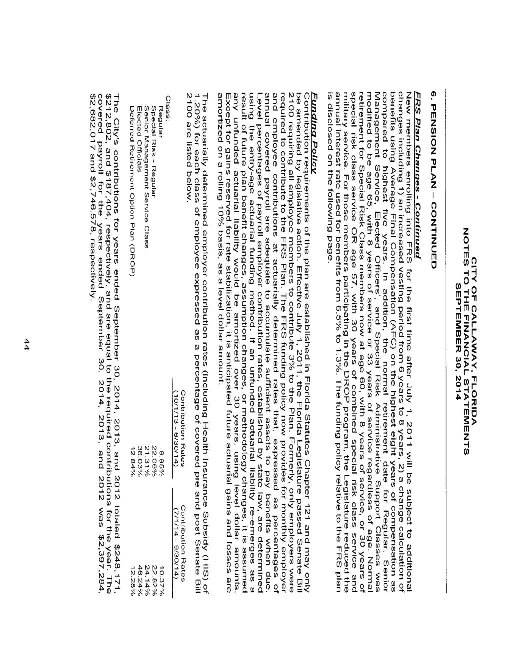 CITY OF CALLAWAY, FLORIDA NOTES TO THE FINANCIAL STATEMENTS SEPTEMBER 30, 2014 6.