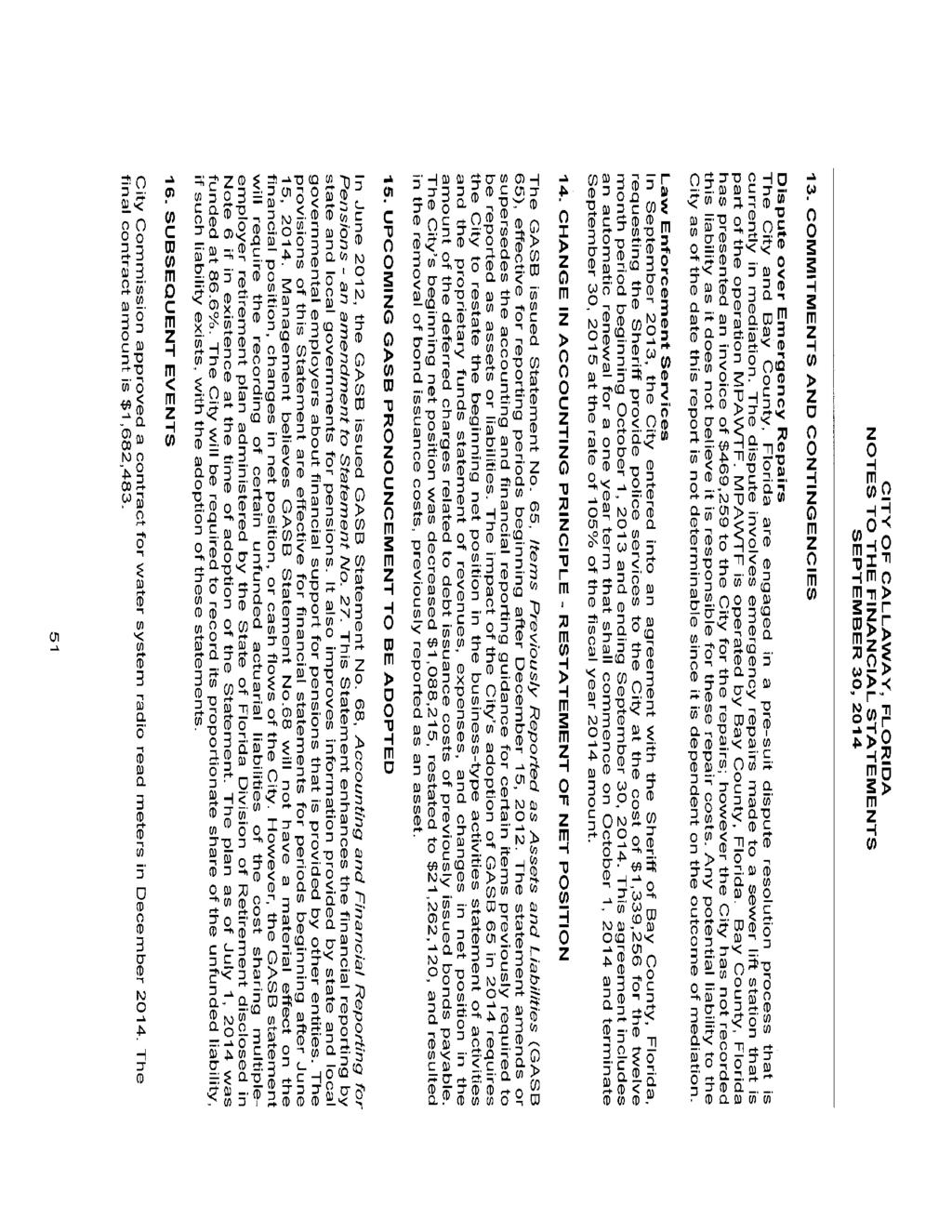 CITY OF CALLAWAY, FLORIDA NOTES TO THE FINANCIAL STATEMENTS SEPTEMBER 30,2014 13.