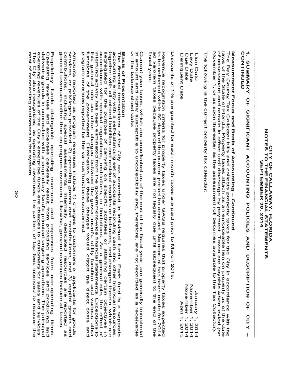 CITY OF CALLAWAY, FLORIDA NOTES TO THE FINANCIAL STATEMENTS SEPTEMBER 30,2014 1.