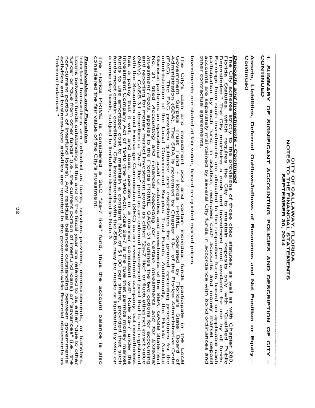 CITY OF CALLAWAY, FLORIDA NOTES TO THE FINANCIAL STATEMENTS SEPTEMBER 30,2014 1.