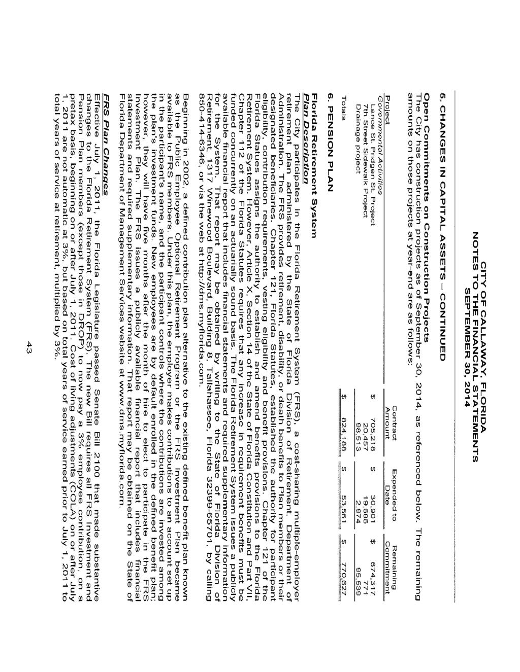 CITY OF CALLAWAY, FLORIDA NOTES TO THE FINANCIAL STATEMENTS SEPTEMBER 30,2014 5.