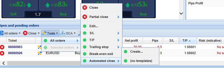 3. Create to define a new automated close rule, or Edit if there is already an active automated close on the order. 4.