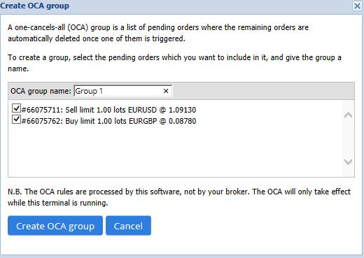 Please note that OCA groups are processed by the trade terminal software, not your broker. They will cease operating if you close the trade terminal or MT4.