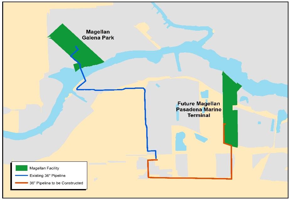 Pasadena Marine Terminal Magellan is constructing a new marine terminal in Pasadena, Texas Initial project includes 1mm bbls of refined products and ethanol storage, marine dock and pipeline