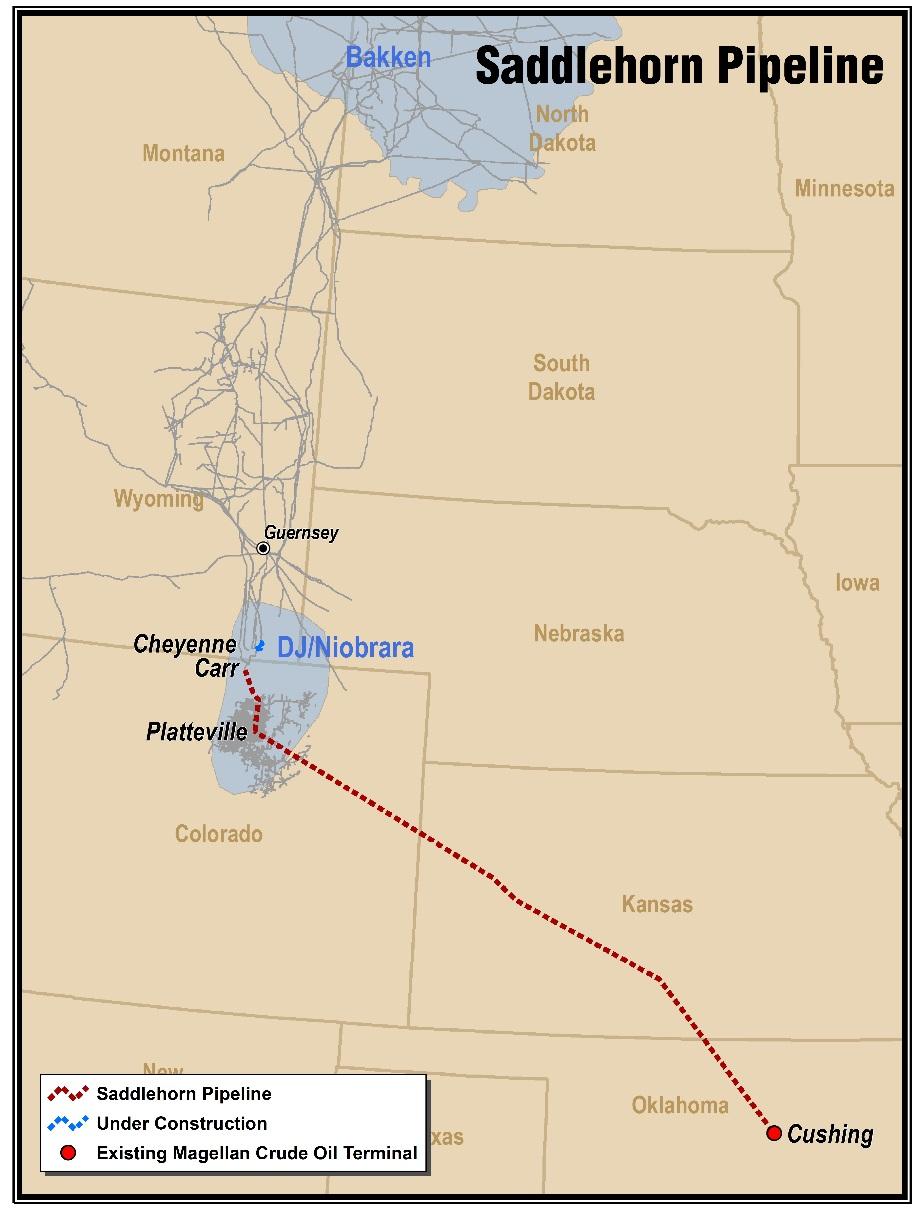 Saddlehorn Pipeline Joint venture to deliver crude oil from DJ Basin and potentially broader Rocky Mtn region to Cushing 600-mile pipeline with initial capacity of 190k bpd (max capacity up to 300k