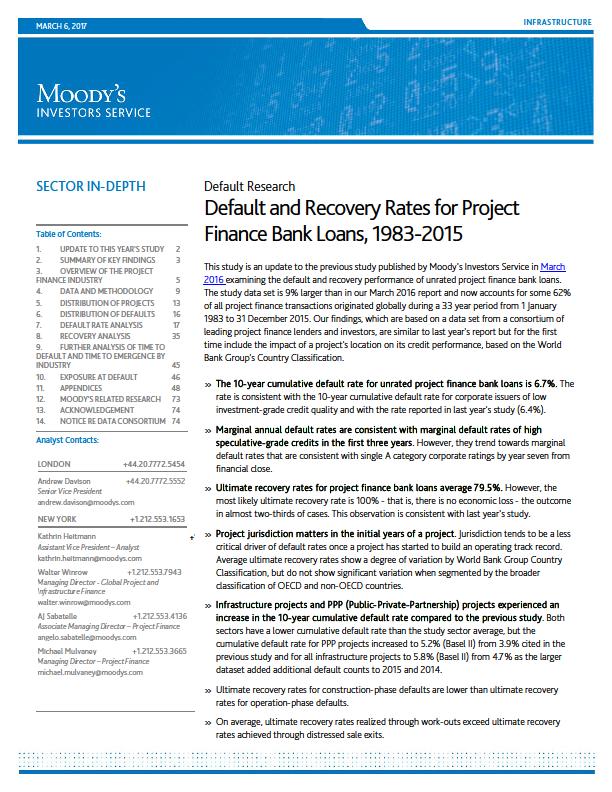 Marginal Default Rate Moody s PF Bank Loan Default and Recovery Study» Moody's latest study of the historical performance of unrated project finance bank loans was published in March 2017 Now